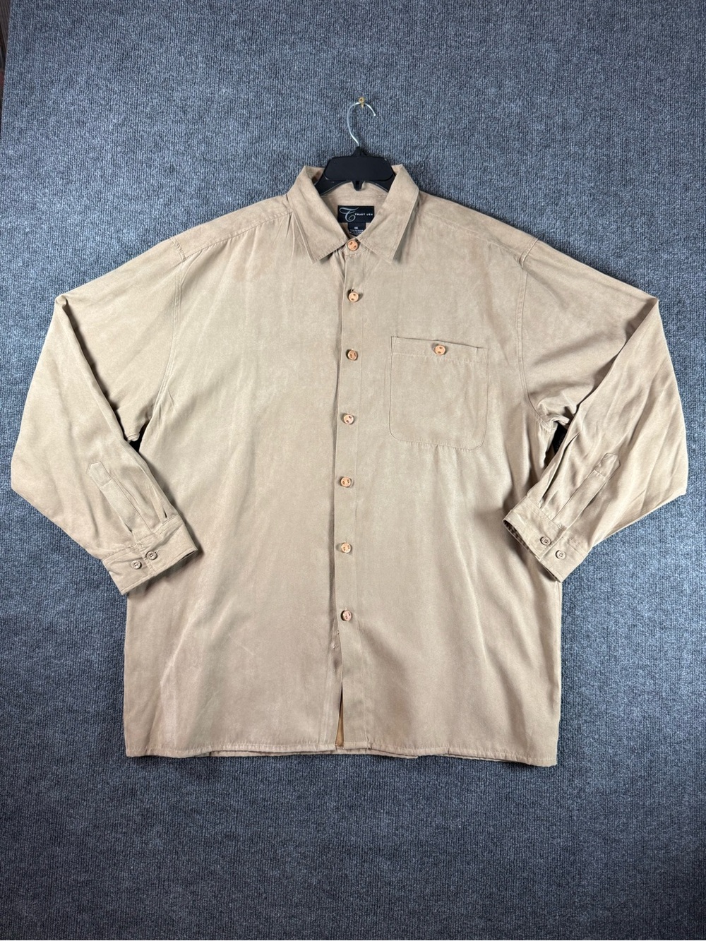 Vintage Trust USA Mens XXL Tan Faux Suede Button Up Shirt Y2K Hip Hop Korea